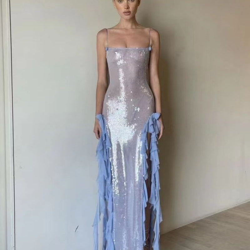 "GILDA" SEQUIN AND RUFFLE DRESS